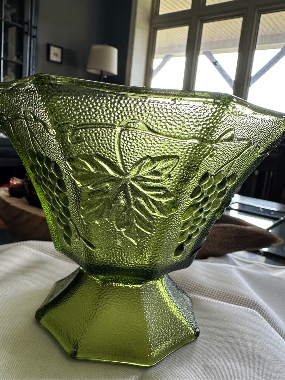 Vintage Anchor Hocking Green Glass Pedestal Bowl